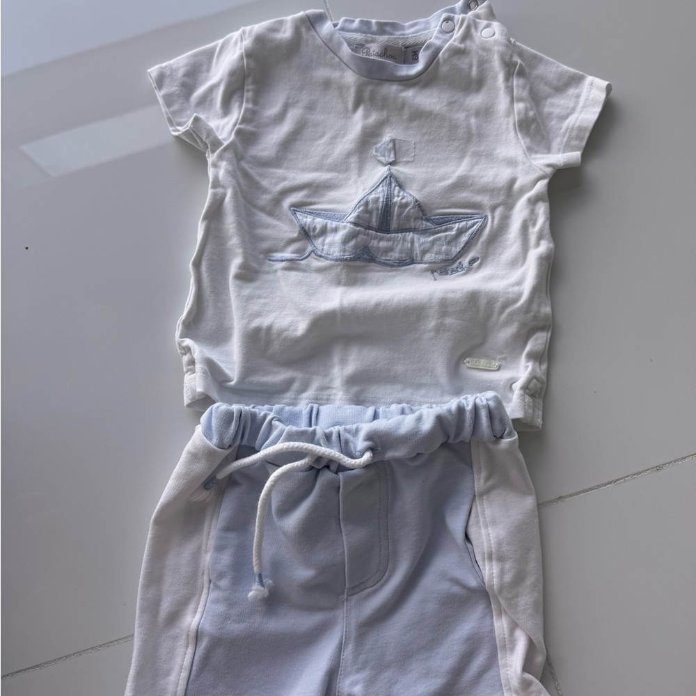 White and Light Blue Baby Outfit with Sailboat Design